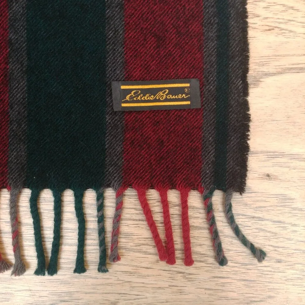 Eddie Bauer red green gray wool plaid scarf with fringe